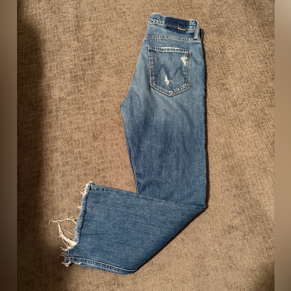 MOTHER Straight Leg Jeans in Medium Blue with Distressed Hem